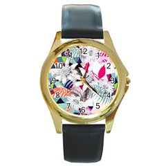 Flower Graphic Pattern Floral Round Gold Metal Watch