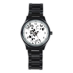 Flower Rose Black Sexy Stainless Steel Round Watch