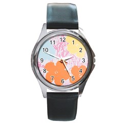 Flower Sunflower Floral Pink Orange Beauty Blue Yellow Round Metal Watch