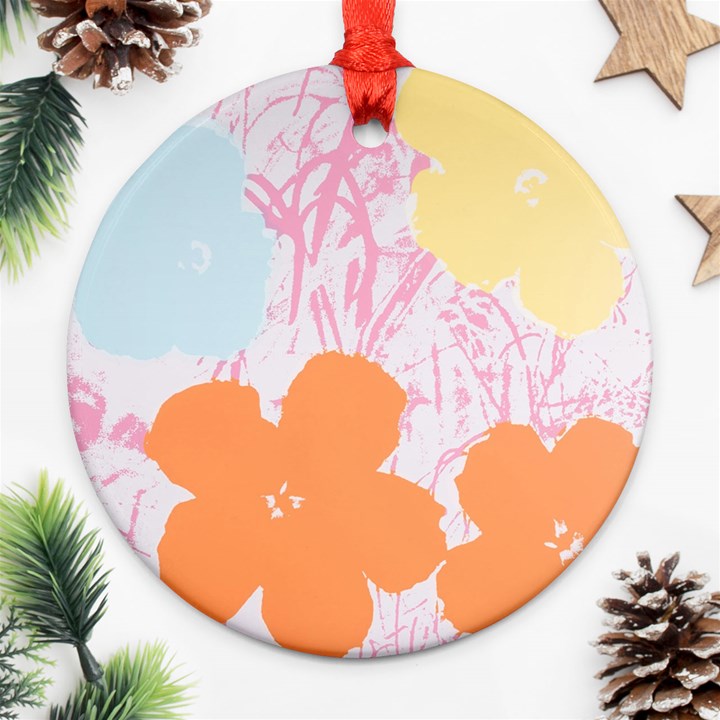 Flower Sunflower Floral Pink Orange Beauty Blue Yellow Ornament (Round)