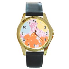 Flower Sunflower Floral Pink Orange Beauty Blue Yellow Round Gold Metal Watch by Mariart