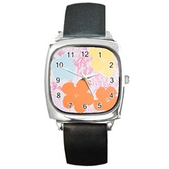 Flower Sunflower Floral Pink Orange Beauty Blue Yellow Square Metal Watch