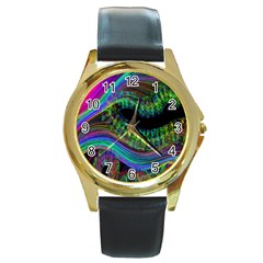 Aurora Wave Colorful Space Line Light Neon Visual Cortex Plate Round Gold Metal Watch by Mariart