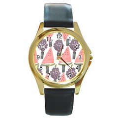 Grapes Watermelon Fruit Patterns Bouffants Broken Hearts Round Gold Metal Watch