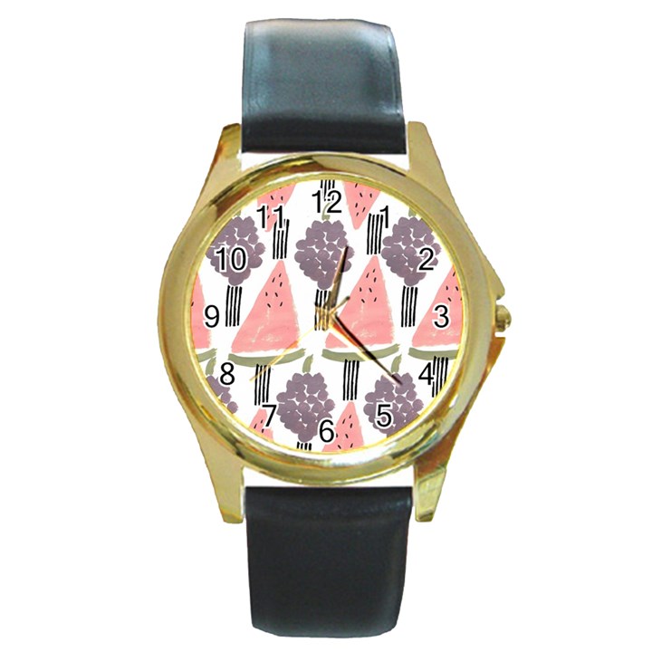 Grapes Watermelon Fruit Patterns Bouffants Broken Hearts Round Gold Metal Watch