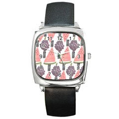 Grapes Watermelon Fruit Patterns Bouffants Broken Hearts Square Metal Watch by Mariart