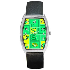 Letter Huruf S Sign Green Yellow Barrel Style Metal Watch by Mariart