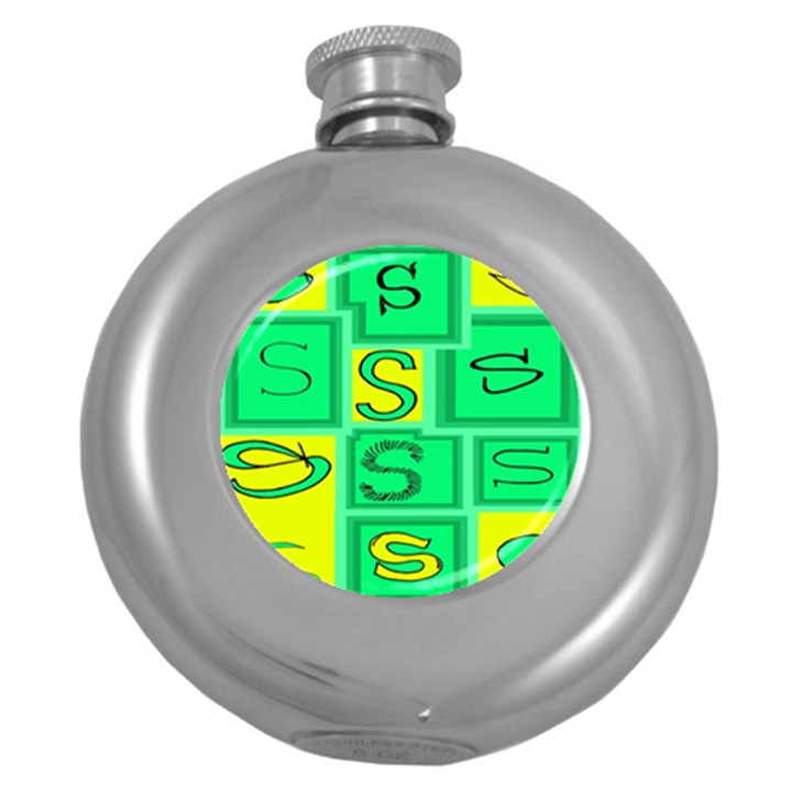 Letter Huruf S Sign Green Yellow Round Hip Flask (5 oz)