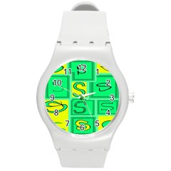 Letter Huruf S Sign Green Yellow Round Plastic Sport Watch (m) by Mariart