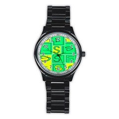 Letter Huruf S Sign Green Yellow Stainless Steel Round Watch