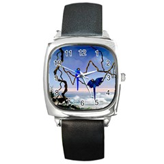 Wonderful Blue  Parrot Looking To The Ocean Square Metal Watch by FantasyWorld7