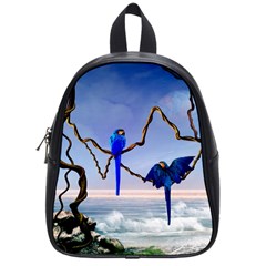 Wonderful Blue  Parrot Looking To The Ocean School Bag (small) by FantasyWorld7