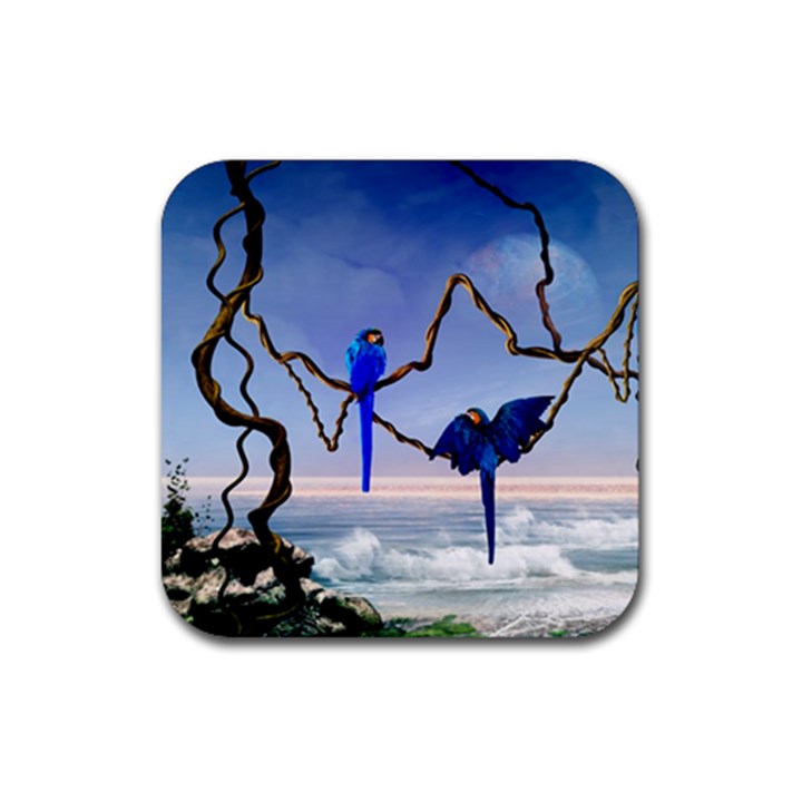 Wonderful Blue  Parrot Looking To The Ocean Rubber Coaster (Square) 