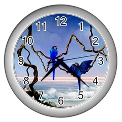 Wonderful Blue  Parrot Looking To The Ocean Wall Clocks (Silver) 