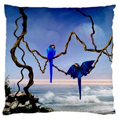 Wonderful Blue  Parrot Looking To The Ocean Large Flano Cushion Case (two Sides) by FantasyWorld7