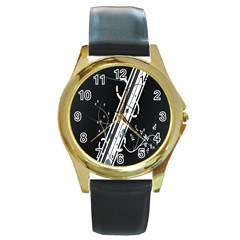 Line Light Leaf Flower Floral Black White Beauty Polka Round Gold Metal Watch by Mariart