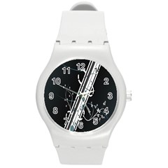 Line Light Leaf Flower Floral Black White Beauty Polka Round Plastic Sport Watch (m)