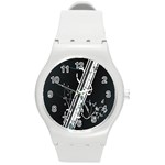 Line Light Leaf Flower Floral Black White Beauty Polka Round Plastic Sport Watch (M) Front