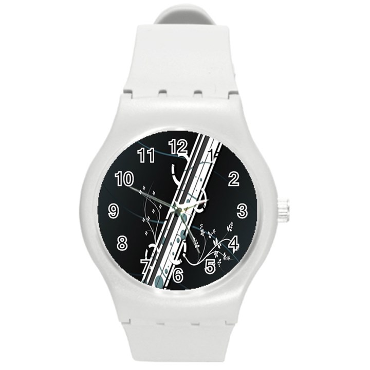 Line Light Leaf Flower Floral Black White Beauty Polka Round Plastic Sport Watch (M)