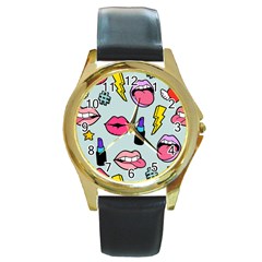 Lipstick Lips Heart Valentine Star Lightning Beauty Sexy Round Gold Metal Watch by Mariart