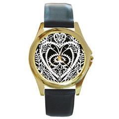 Paper Cut Butterflies Black White Round Gold Metal Watch by Mariart