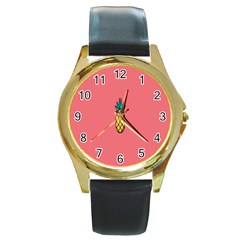 Pineapple Fruite Minimal Wallpaper Round Gold Metal Watch by Mariart