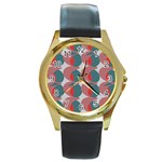 Pink Red Grey Three Art Round Gold Metal Watch Front