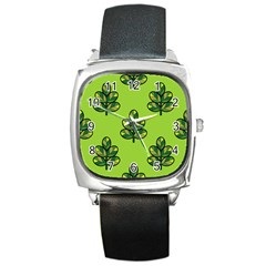 Seamless Background Green Leaves Black Outline Square Metal Watch by Mariart