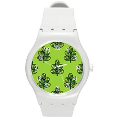 Seamless Background Green Leaves Black Outline Round Plastic Sport Watch (m)