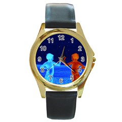 Space Boys  Round Gold Metal Watch by Valentinaart