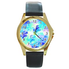 Transparent Colorful Rainbow Blue Paint Sky Round Gold Metal Watch by Mariart