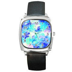 Transparent Colorful Rainbow Blue Paint Sky Square Metal Watch by Mariart