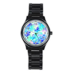 Transparent Colorful Rainbow Blue Paint Sky Stainless Steel Round Watch