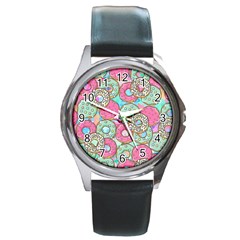 Donuts Pattern Round Metal Watch by ValentinaDesign