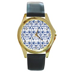 Rabbits Deer Birds Fish Flowers Floral Star Blue White Sexy Animals Round Gold Metal Watch by Mariart