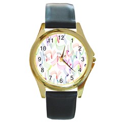 Rainbow Green Purple Pink Red Blue Pattern Zommed Round Gold Metal Watch