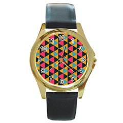 Triangles Pattern                           Round Gold Metal Watch by LalyLauraFLM