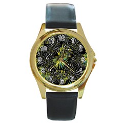 Tropical Pattern Round Gold Metal Watch by ValentinaDesign