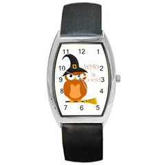 Halloween Orange Witch Owl Barrel Style Metal Watch by Valentinaart