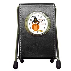 Halloween Orange Witch Owl Pen Holder Desk Clocks by Valentinaart