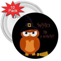 Halloween Orange Witch Owl 3  Buttons (10 Pack)  by Valentinaart