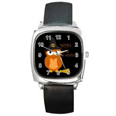 Halloween Orange Witch Owl Square Metal Watch by Valentinaart