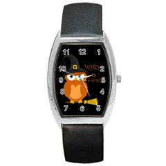 Halloween Orange Witch Owl Barrel Style Metal Watch by Valentinaart