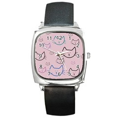 Cat Pattern Face Smile Cute Animals Beauty Square Metal Watch by Mariart