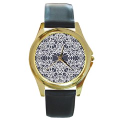 Blue White Lace Flower Floral Star Round Gold Metal Watch by Mariart