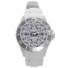 Blue White Lace Flower Floral Star Round Plastic Sport Watch (l)