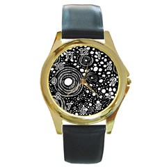 Circle Polka Dots Black White Round Gold Metal Watch