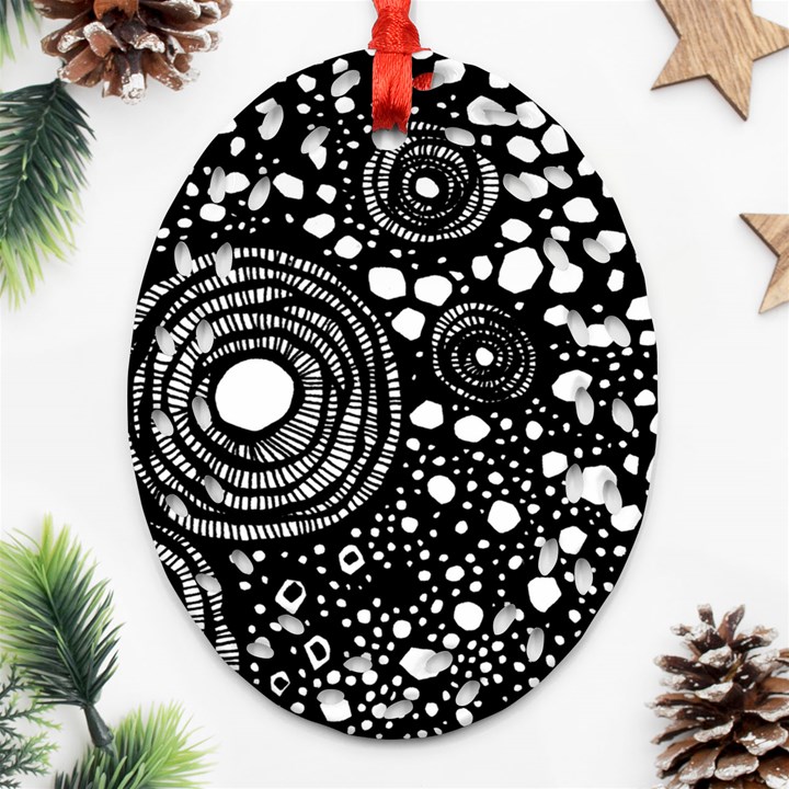 Circle Polka Dots Black White Oval Filigree Ornament (Two Sides)