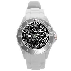 Circle Polka Dots Black White Round Plastic Sport Watch (l)