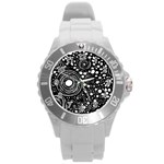 Circle Polka Dots Black White Round Plastic Sport Watch (L) Front